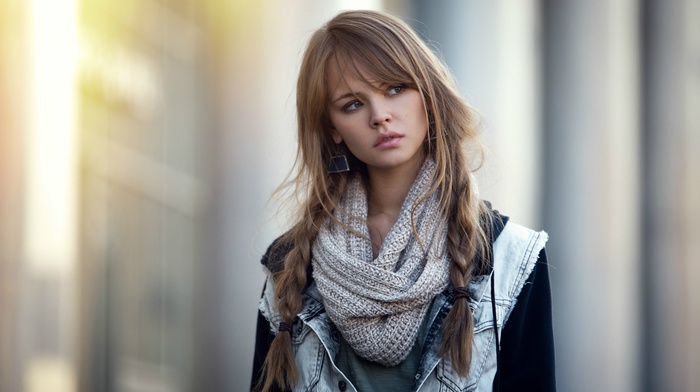 girl, scarf, model, Anastasia Scheglova, pigtails, auburn hair, blonde