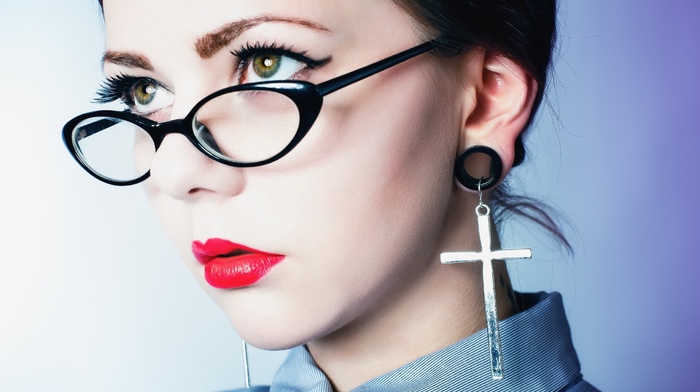 earrings, glasses, model, face, portrait, girl, red lipstick