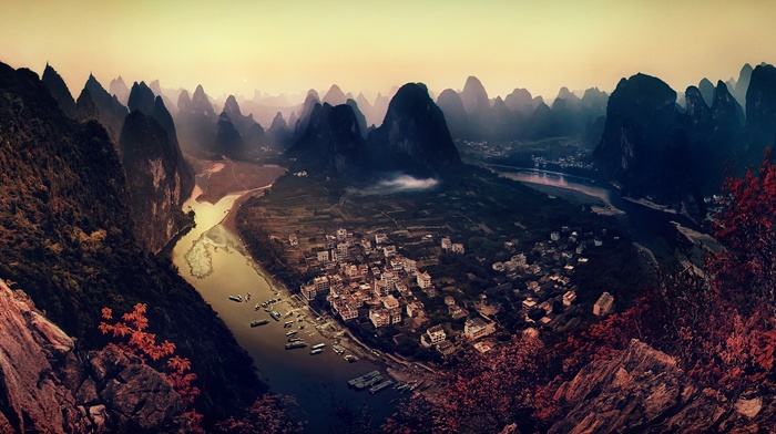 sunset, forest, mountain, river, landscape, building, panoramas, China, nature, field, fall, mist, cityscape