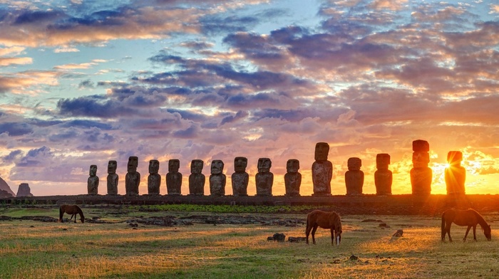 yellow, sea, grass, Chile, clouds, statue, green, Easter Island, Rapa Nui, Moai, horse