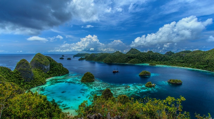 clouds, panoramas, sea, nature, tropical, Indonesia, blue, beach, landscape, turquoise, limestone, coral, green, mountain