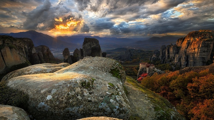 nature, mountain, fall, sunset, cliff, monastery, clouds, landscape, Greece