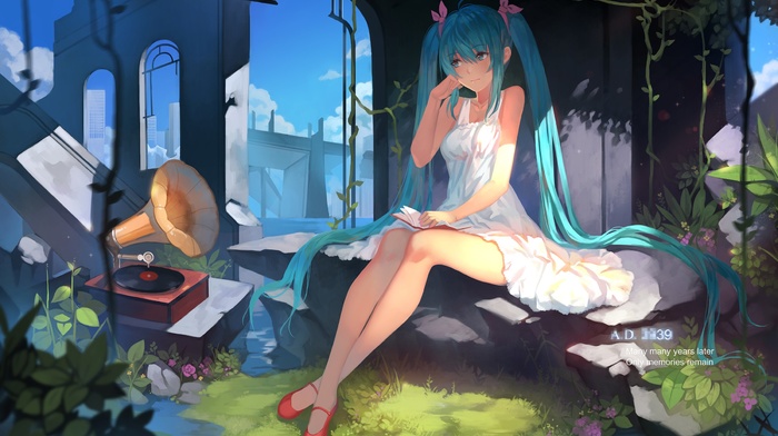 Vocaloid, twintails, books, white dress, Gramophone, anime, flowers, ribbon, water, Hatsune Miku, sky, plants, long hair, clouds, anime girls