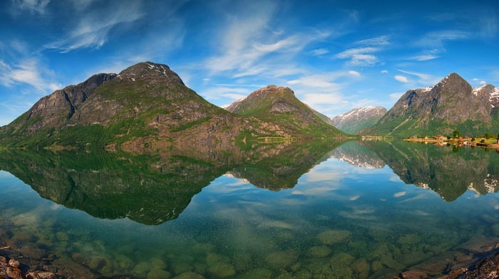 villages, landscape, snowy peak, water, nature, lake, mountain, reflection, Norway