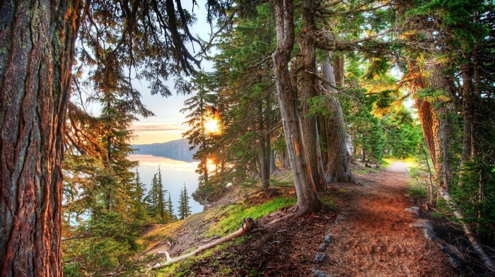 lake, hill, path, nature, forest, crater lake, sunset, HDR, trees, landscape