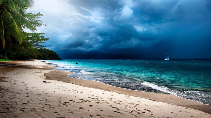sand, island, sea, clouds, landscape, storm, tropical, sailboats, Malaysia, nature, beach, palm trees