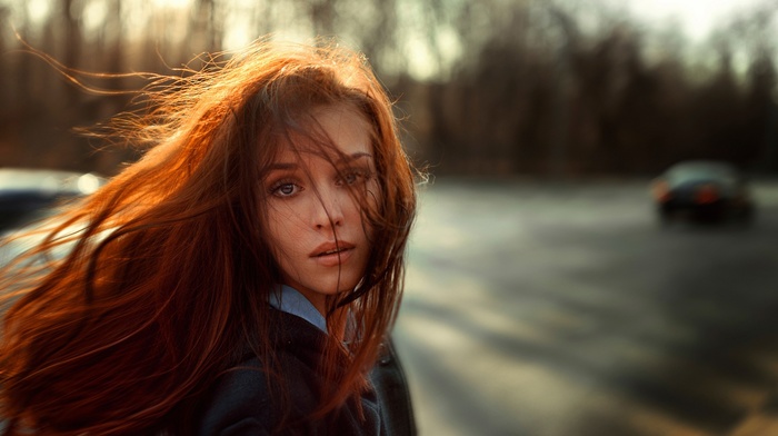 redhead, girl, hair in face