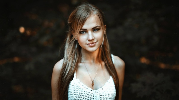 brunette, long hair, necklace, girl, model, blue eyes, Alla Emelyanova