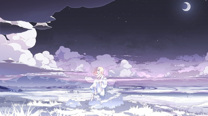 clouds, white dress, anime girls, night, stars, moon