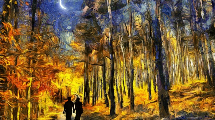 forest, painting, crescent moon, couple, surreal