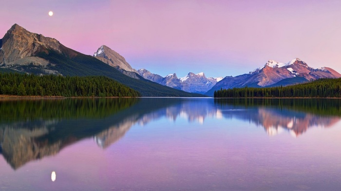 mountain, Canada, lake, snowy peak, forest, landscape, water, nature, lake Maligne, moon