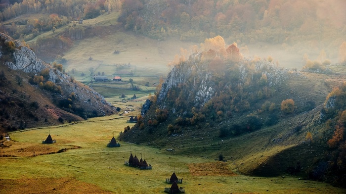 villages, valley, landscape, mist, cliff, forest, nature, Romania, field, sunrise, mountain