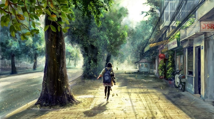 trees, street, spring, anime, concept art, sunlight