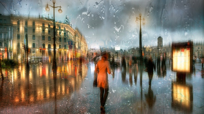 HDR, rain, people, St. Petersburg, reflection, city