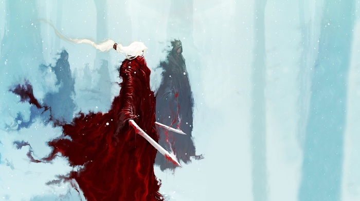 winter, sword, red, fantasy art