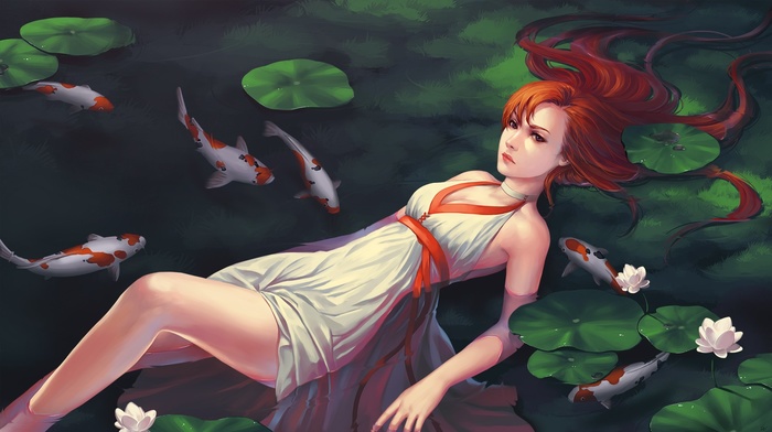 water, fish, fantasy art, artwork, redhead