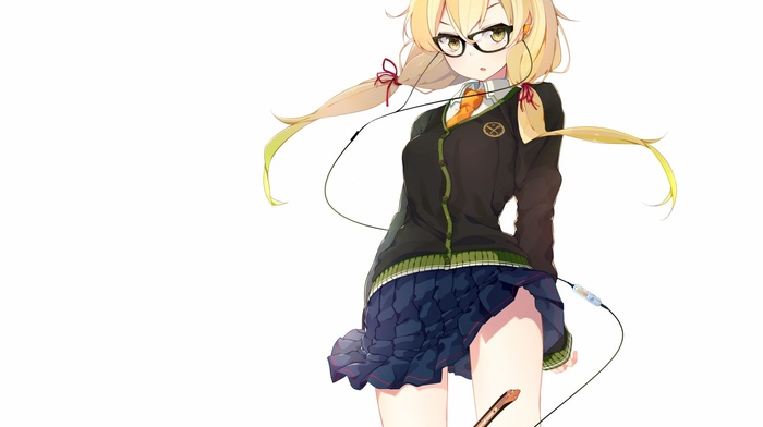 simple background, lifting skirt, anime, glasses, skirt, blonde, legs, school uniform, anime girls