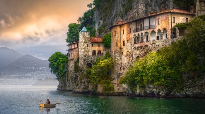 Italy, landscape, cliff, nature, clouds, Hermitage, mountain, trees, boat, water