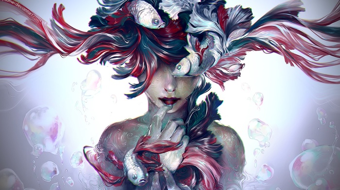 girl, bubbles, Fisheye Placebo, artwork, underwater
