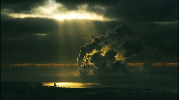 landscape, pollution, river, Netherlands, smog, smoke, clouds, city, sunbeams