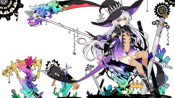boots, long hair, white hair, scythe, panties, anime girls, weapon, sitting, witch, thigh, highs, navels, gloves, yellow eyes, bangs