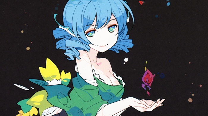 touhou, blue hair, bare shoulders, green dress, video games, anime girls, blue eyes, black background, dress, simple background, short hair, cleavage, bangs, curly hair, Wakasagihime