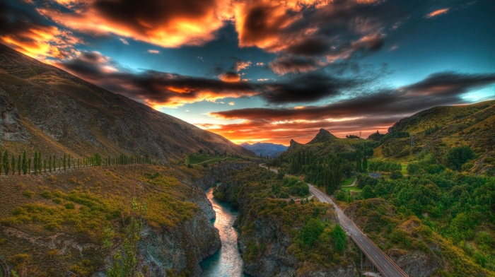 river, road, sunset, nature, HDR, landscape