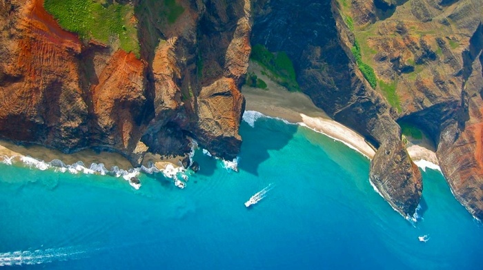 Vacations, island, beach, coast, landscape, Hawaii, aerial view, cliff, mountain, nature, sand, sea, Kauai