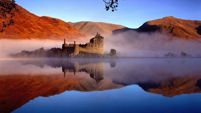 architecture, rock, castle, Scotland, nature, mist, reflection, mountain, lake, UK, trees, ruin, landscape, water