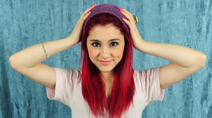 redhead, girl, Ariana Grande, hands on head, woolly hat