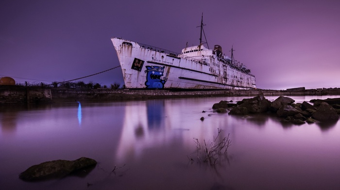 blurred, shipwreck, rust, boat, night, ship, long exposure, chains, water, graffiti, sea, rock
