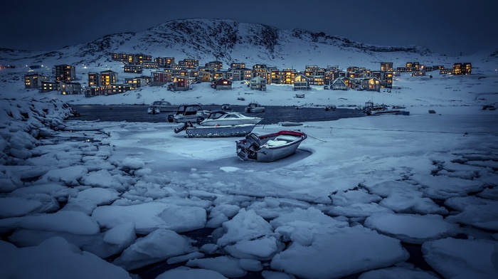 villages, ice, snow, winter, house, water, mountain, evening, lights, landscape, nature, boat, Greenland