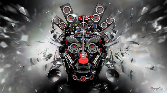 music, guitar, explosion, microphones, CGI, eyes, digital art, keyboards, trumpets, drums, 3D, open mouth, face, speakers