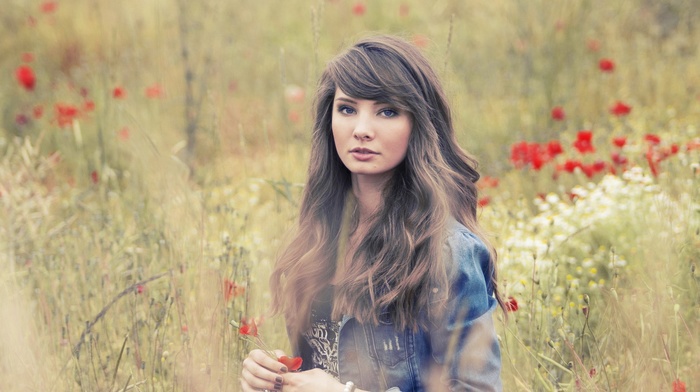 jacket, poppies, open mouth, brunette, girl outdoors, long hair, blue eyes, model, looking at viewer, nature, girl, field