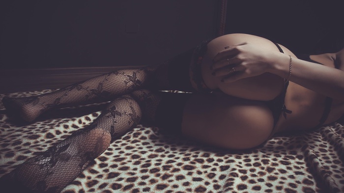 Pavel Smolenskiy, black bras, girl, model, black stockings, strings, black panties, in bed
