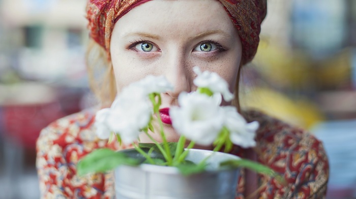 face, freckles, red lipstick, flowers, girl, redhead, green eyes