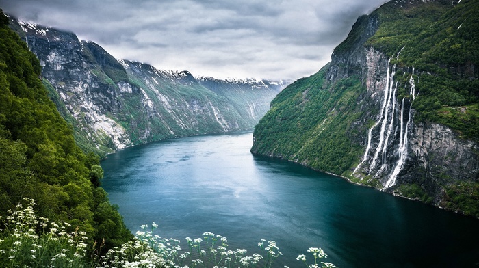 foliage, waterfall, Norway, landscape, fjord, wildflowers, cliff, Geiranger, sea, clouds, nature