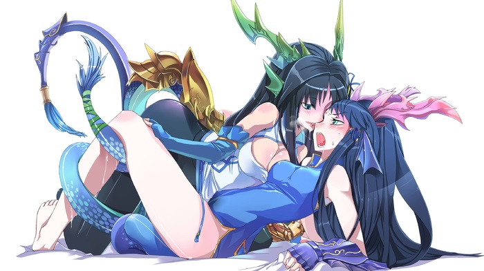 legs, anime girls, horns, traditional clothing, dark hair, anime, pantyhose, long hair, cleavage, simple background