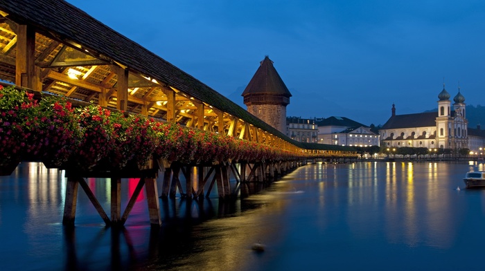 Luzern, reflection, flowers, bridge