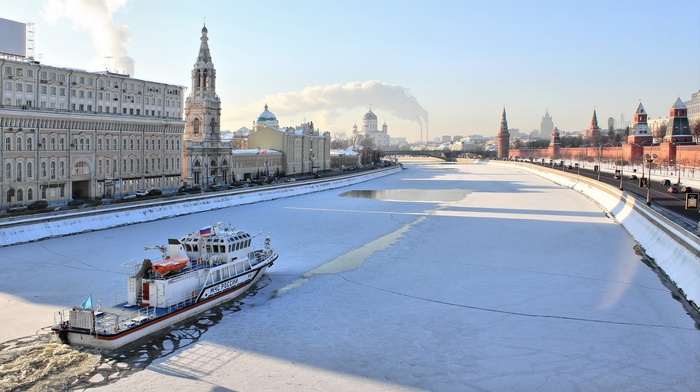 ice, Moscow, river, snow, building, architecture, boat