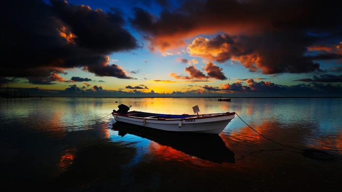 landscape, nature, sunset, boat