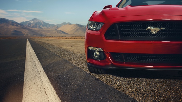 car, muscle cars, Ford, Ford Mustang, landscape, red, road, xenon, red cars, gt
