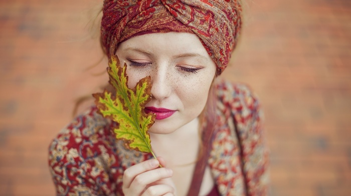 leaves, closed eyes, girl, redhead, face