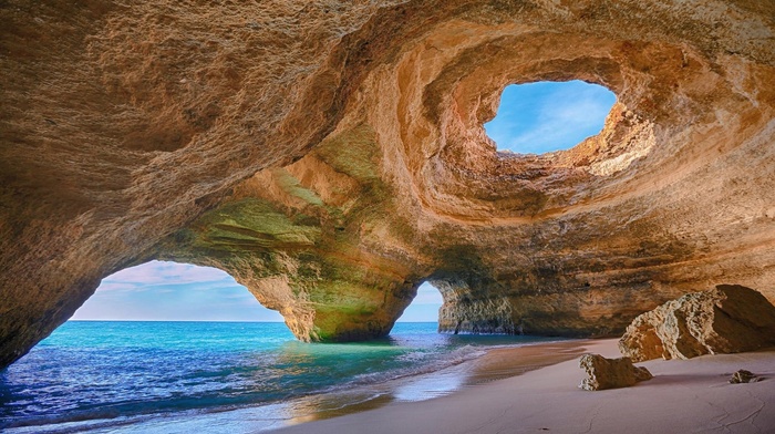erosion, sea, Portugal, cave, water, landscape, rock, sand, beach, nature