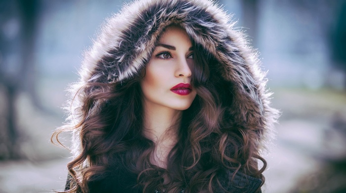girl, fur coats, auburn hair, brown eyes, red lipstick