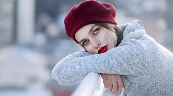 girl, sweater, blue eyes, red lipstick, looking at viewer, auburn hair, freckles