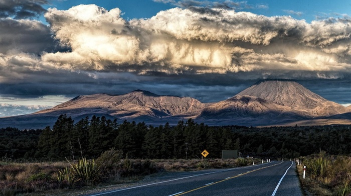 landscape, nature, volcano, mountain, clouds, highway, New Zealand, sunset, road, forest, moon