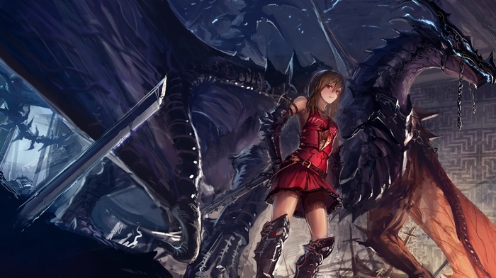 looking at viewer, brunette, dragon, looking away, brown eyes, fangs, sword, long hair, boots, chains, open mouth, fantasy art, gloves, anime girls, weapon, Dragon Wings, standing, anime