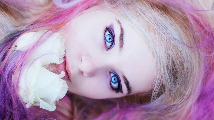 blue eyes, girl, pink hair, closeup, face