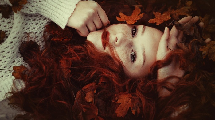 face, sweater, freckles, leaves, girl, red lipstick, redhead, long hair